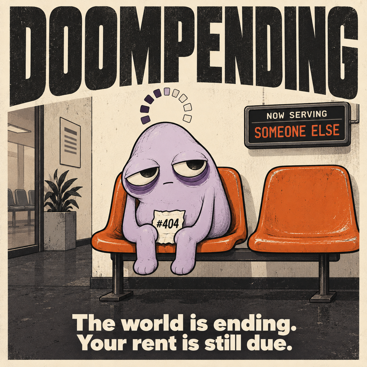 Pending, an exhausted lavender creature holding queue ticket 404, sitting beside an empty orange chair.